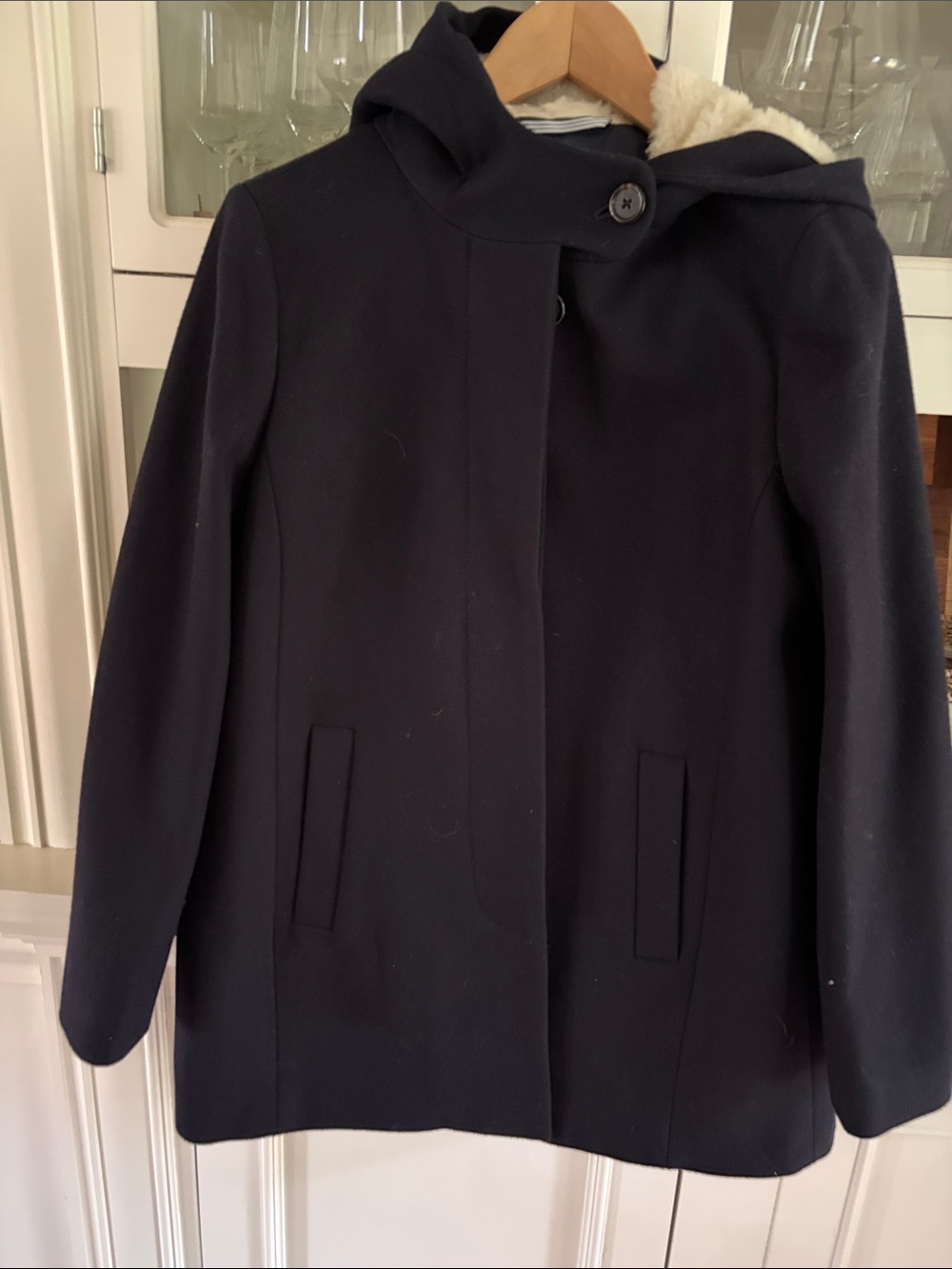 J. Crew Navy Hooded Pea Coat with Faux-Shearling Trim - size 6 - Like New